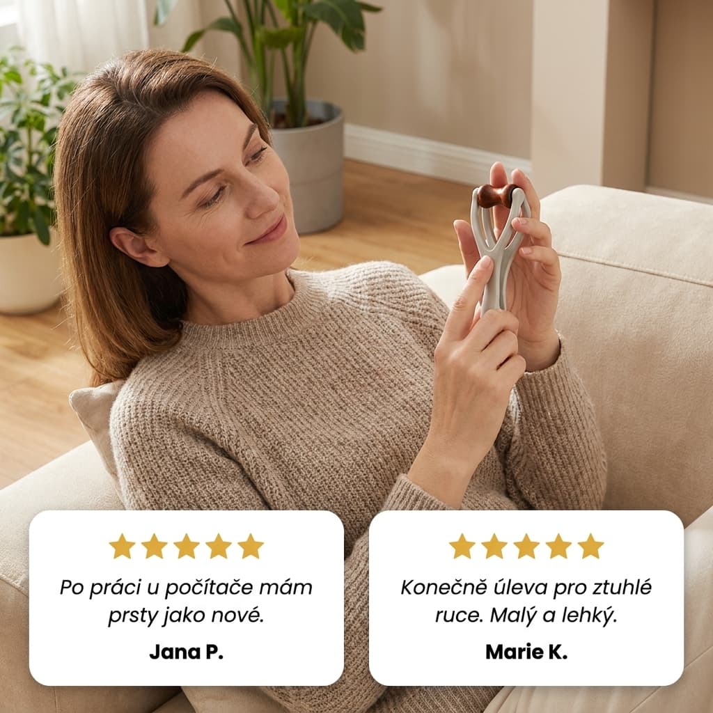 Žena používá masážní váleček na prsty doma, recenze zákazníků